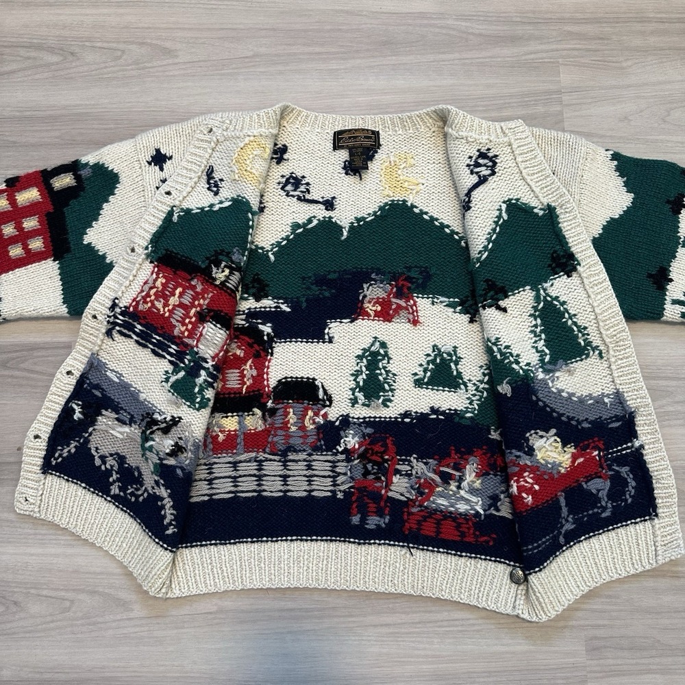 VTG 1989 Eddie Bauer Women's Hand Knit Wool Cardigan Sweater Nordic Ski Scene Lg - Picture 11 of 13